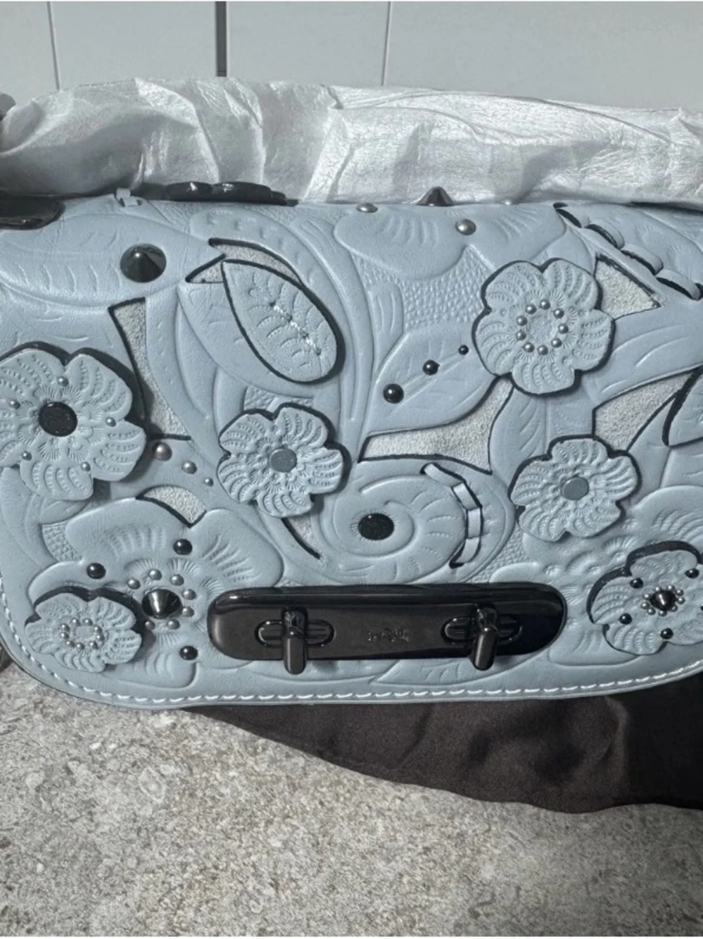 Coach Pale Blue Floral Leather Crossbody with Gunmetal Chain - Picture 6 of 13